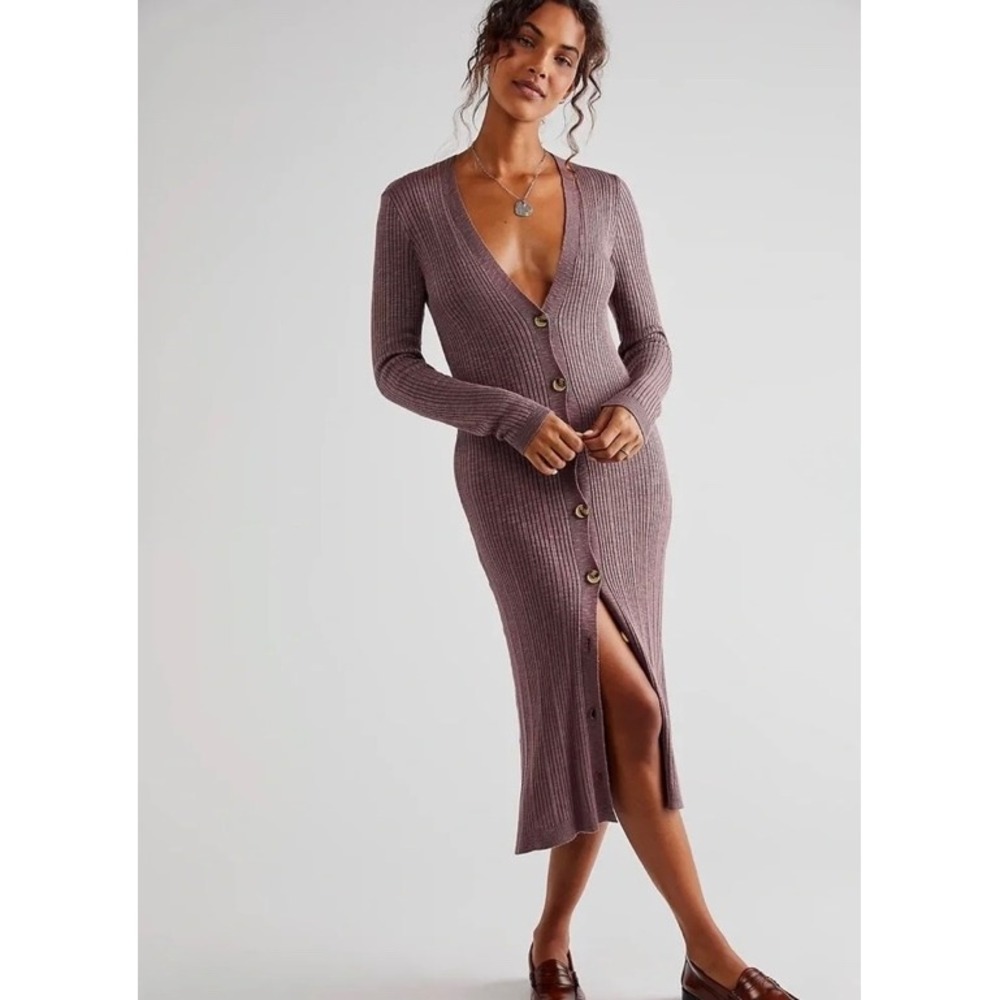 Free People Date Night Ribbed Sweater Dress Small Button Front Midi Mauve